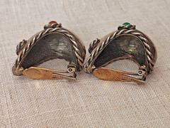 Vtg LES BERNARD Clip Earrings Antiqued Gold Tone Multicolor Rhinestone Cabochons