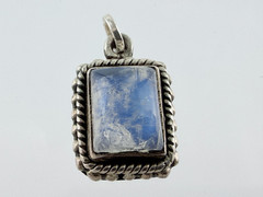 Vintage Sterling Silver Blue Moonstone Rectangular Cabochon Pendant Charm .75 In