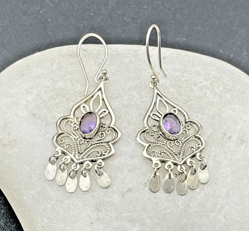 Vintage 925 Sterling Amethyst Drop Dangle Chandelier Pierced Earring French Wire