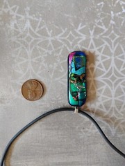 Vintage necklace precious metal foil art glass pendant on neoprene cord 19″
