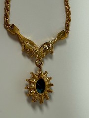Roman Gold Tone Fancy Blue White Rhinestone Pendant 17.5” Necklace VTG