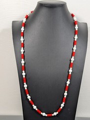 Vintage Red White Glass Stacked Disc Bead Necklace Nautical MCM Mod 32 in