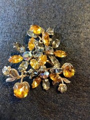 Vintage Amber And Rhinestone And Aurora Borealis Brooch Set With Clip Earrings