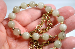 Pale Green Jade? Round Bead Stone Necklace Gold Tone Chain 21″