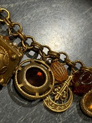 Vintage FLORENZA Fleur de Lis Amber Glass Charm/ Fob Etruscan Bracelet
