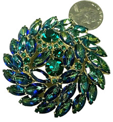 Juliana D&E Peacock Blue & Green Iridescent Marquis Rhinestone Domed Brooch