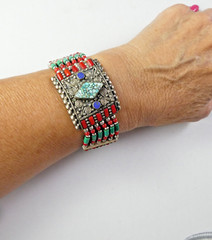 Southwestern Metal & Beaded Bracelet Coral Turquoise Lapis Silver Plated Heavy