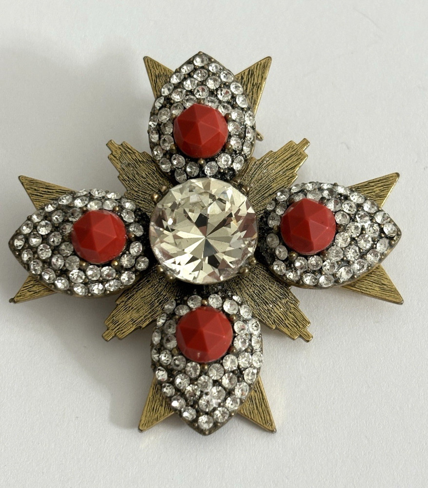 Vintage J. Crew Brooch Gold Tone Maltese Cross Brulee Crystal Clear Rhinestone