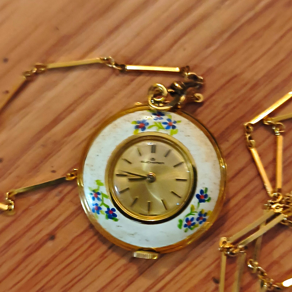 Bucherer Floral Enamel Round Pendant Watch Necklace Gold/White Bar Link Chain