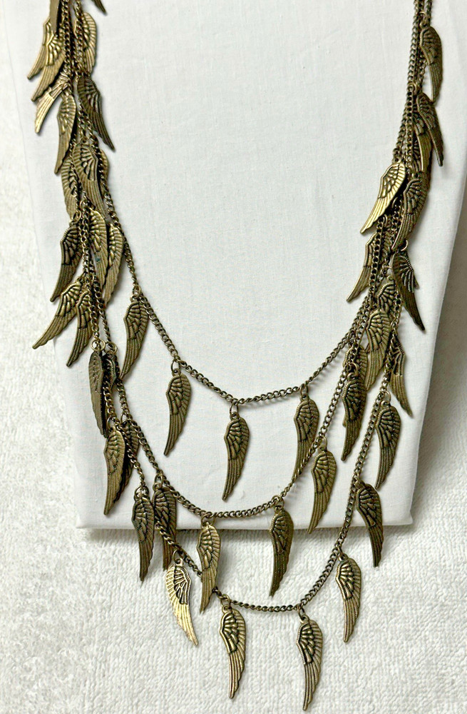 Multi Strand Layered Bronze Chain Necklace Wing Charms n955