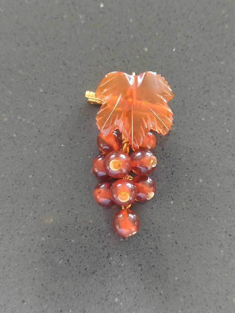 Vintage Russian Gold Filled Amber Leaf Grape Cluster Brooch Pin F227
