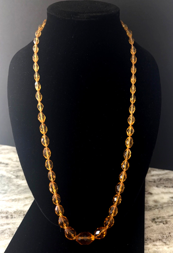 Amber Honey Color Faceted Graduating Crystal Beads Long Hand Strung Necklace G22