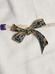 Vintage 60s Crown Trifari Modern Mosaic Blue & Green Poured Glass Bow Pin 3″
