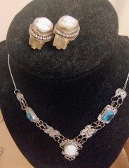 Vintage Cameo Blue Glass Silver Necklace 22″ and Italian earrings marked GM