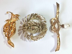 Lot of 3 Vintage Brushed Gold-tone White Rhinestone Brooches