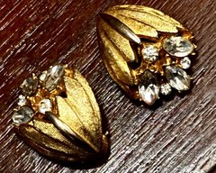 Vintage Signed BSK Clip-On Earrings, Marquise Rhinestones, 1950s-1960s