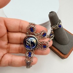 Vintage Silver Tone Slave Bracelet Ring Set Blue Cabochon Stone Boho Filigree