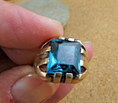Antique 1920s Art Deco London Blue Topaz 10K Yellow Gold Ring Size 6.75 #940