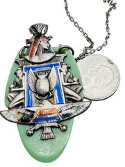 Antique French Egyptian Revival Winged Scarab Galalith Enamel Pendant Necklace