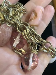 Vintage Unsigned Gold Tone Pink Art Glass Charm Horse Fob Bracelet 1960’s