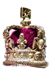 VINTAGE SILVER PLATE CROWN CHARM RED MATERIAL & SILVER 1 1/8″ MINIATURE CROWN