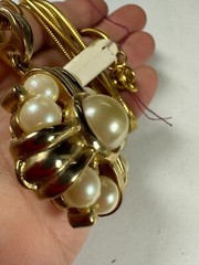 Vintage Necklace Simulated Pearl Puffy Pendant Ribbed Long Chain White Bead