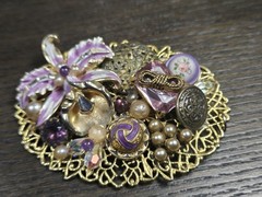 Vintage Maximal Collage Brooch Pin Mixed Media Art Materials rare Purple Floral