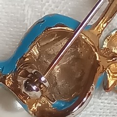 Enameled Teal Vintage Tulip Flower Brooch, Rhinestones faux pearl pot metal 2.5″