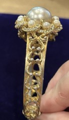 Vintage Signed HOBE Gold Tone & Faux Pearl Rhinestone Hinged Clamp Bracelet Sz M