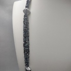 Vintage Shiny Black, Grey, White Necklace 5 Strand Stone Seed Bead Jewelry 17″