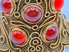Antique Gold Vermeil Filigree Sterling Silver Carnelian Cabochon Bell Pendant