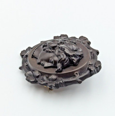 Antique Victorian Vulcanite Cameo Female Profile Mourning Brooch Pin