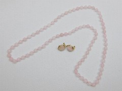 Vintage Hand Knotted Rose Quartz Gold 32″ Round Bead Necklace & Pierced Earrings