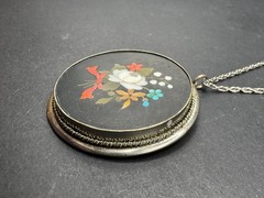 Antique Sterling Pietra Dura Pendant/Chain Floral Mosiac