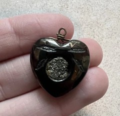 Antique Victorian Whitby Jet Inset Pyrite Puffy 3-D HEART Charm Pendant Fob H5