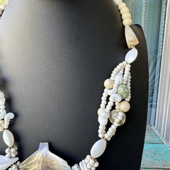 Vintage Artisan Pendant Necklace 24 Inch Carved MOP Shell Beaded Beachy Chunky