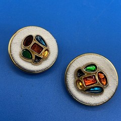Vintage EARRINGS clip-on 1980s 1990s jeweled tones poured resin white fabric