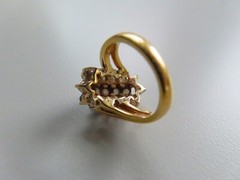 Vintage 10k Gold White Diamond Cluster Statment Cocktail Ring Split Shank Design