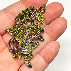 VTG Floral Spray Bow Pin Brooch Sparkling AB Peridot Green Crystal Rhinestones