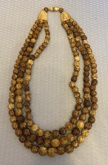 Antique Asian Hand Carved Lotus Bead Necklace Triple Tiered Dyed Bovine Bone