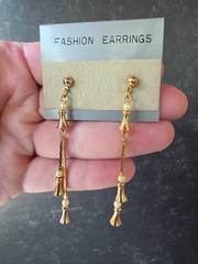 Gold Tone Metal Faux Pearl Dangling Pierced Earrings Vintage Costume Jewelry NOS