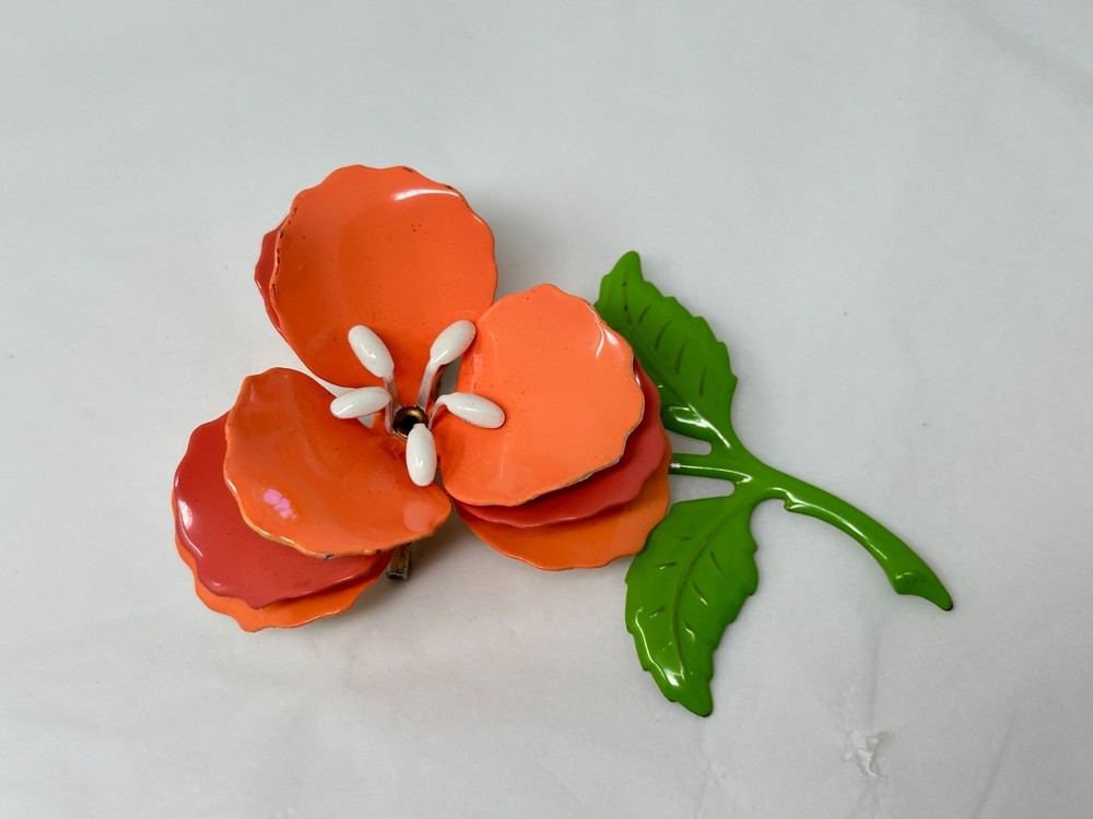 Vintage Peach Pink and Green Enamel Metal 3.5″ Flower Brooch Pin