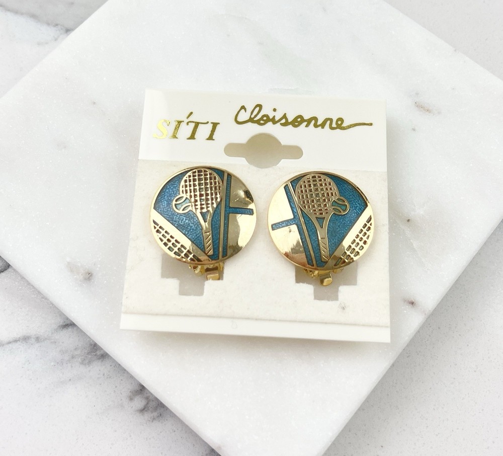 Vintage Cloisonné Gold Tone Blue Enamel Tennis Sports Clip On Earrings