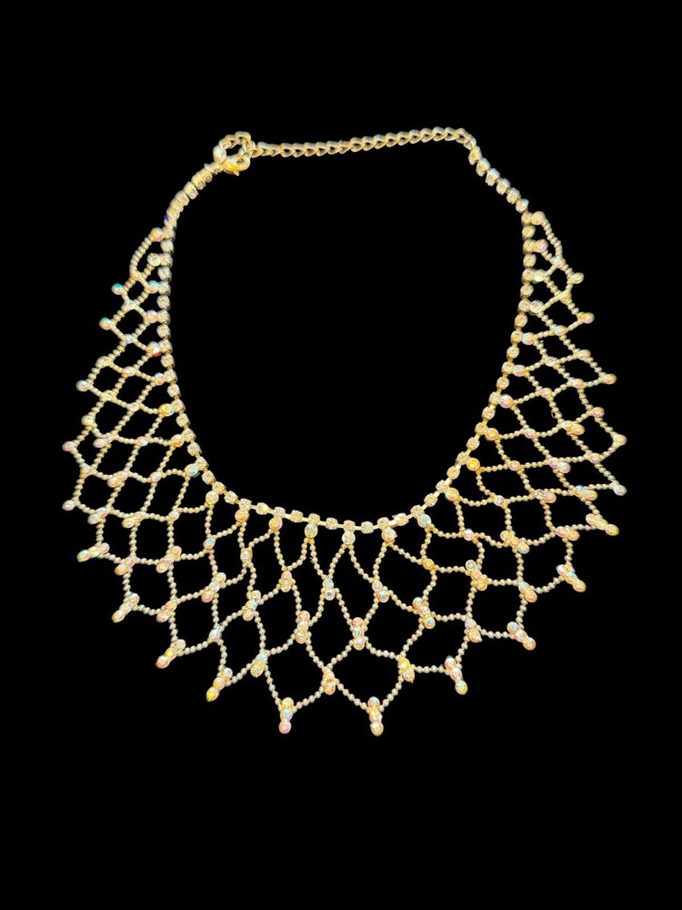 Vintage Retired Kirks Folly Rhinestone Crystal Bib Necklace Silver Tone 15”