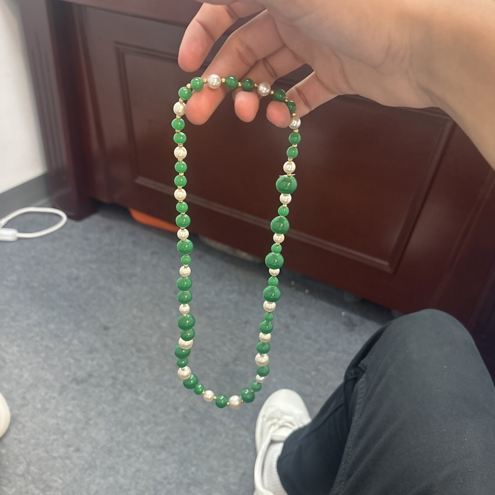 Jade Necklace Green Beads And White Pearls