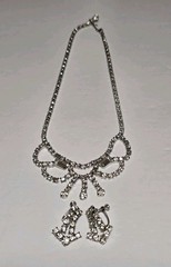Vintage Silver Tone Clear Rhinestone Necklace Screw Back Chandelier Earring Set