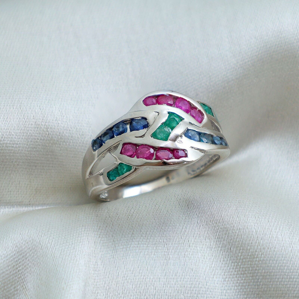 Vintage Style Multi Stone Cocktail Ring 2 Ct Lab Created Emerald 14k White Gold