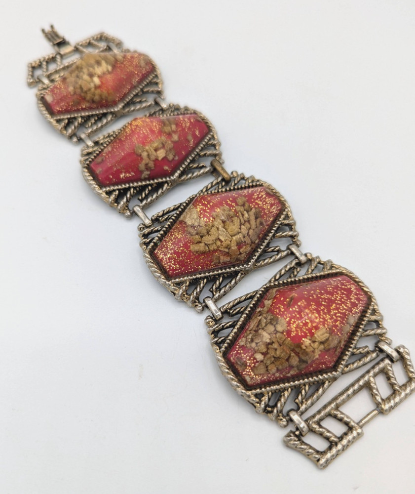 Vintage Selro Selini Red Confetti Lucite Panel Bracelet Coffin Chunky Wide MCM