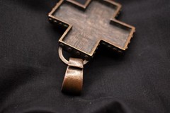 Vntg Brass Cross Pendant Abalone Shell Mosaic Faux Amber Cabochon Boho Pendant
