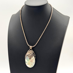 MERAV 925 Sterling Silver Vintage Real MOP Feather Flower Oxidized Pendant